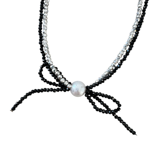 000 (Short) Swarovski Faceted Rondelle Beaded Bow Necklace, Black & Silver