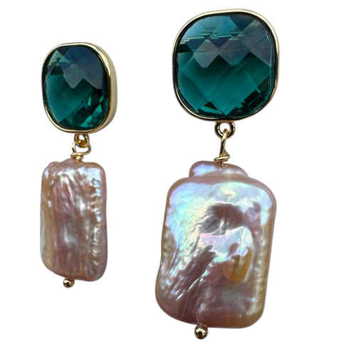 043 Emerald Swarvoski + Pearl Earrings