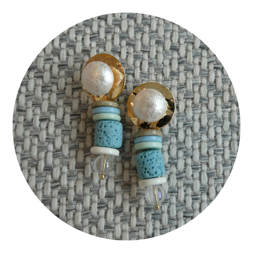 063 Gold & Blue Beaded Statement Earrings