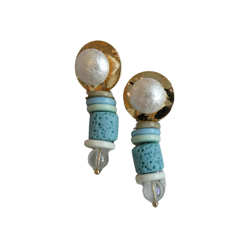 063 Gold & Blue Beaded Statement Earrings