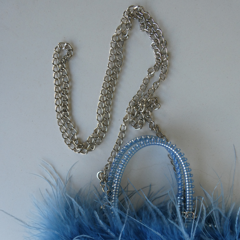 ROBERTA Woven PVC Bag with Fur Trim, Blue