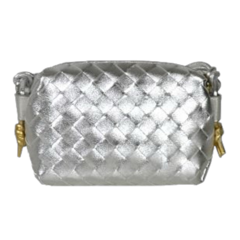 BV Leather Weaved Crossbody Bag, Argento