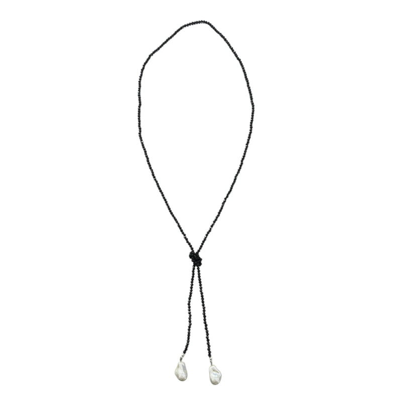 0002 (Long) Beaded Necklace with Faux Pearl Ends, Black