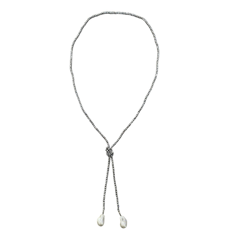 0002 (Long) Beaded Necklace with Faux Pearl Ends, Pewter