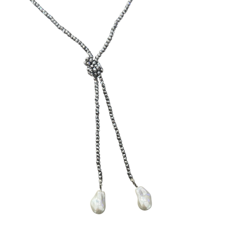 0002 (Long) Beaded Necklace with Faux Pearl Ends, Pewter