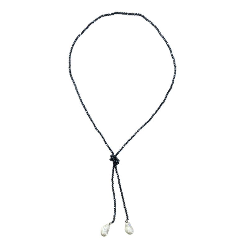 0002 (Long) Beaded Necklace with Faux Pearl Ends, Navy