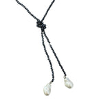 0002 (Long) Beaded Necklace with Faux Pearl Ends, Navy