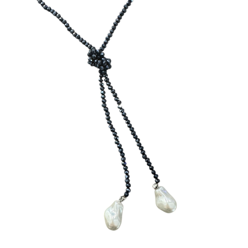 0002 (Long) Beaded Necklace with Faux Pearl Ends, Navy