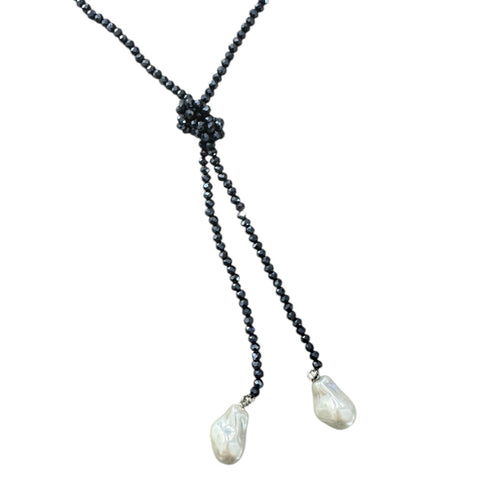 0002 (Long) Beaded Necklace with Faux Pearl Ends, Navy