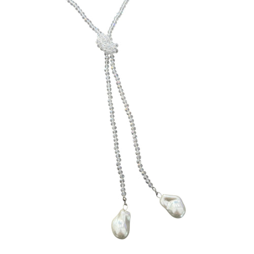 0002 (Long) Beaded Necklace with Faux Pearl Ends, Clear