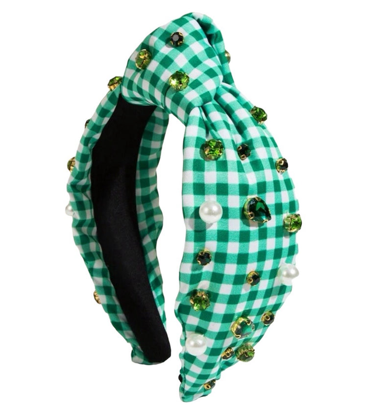 Oakleigh Embellished Knot Headband, Green Gingham