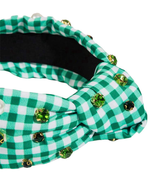 Oakleigh Embellished Knot Headband, Green Gingham