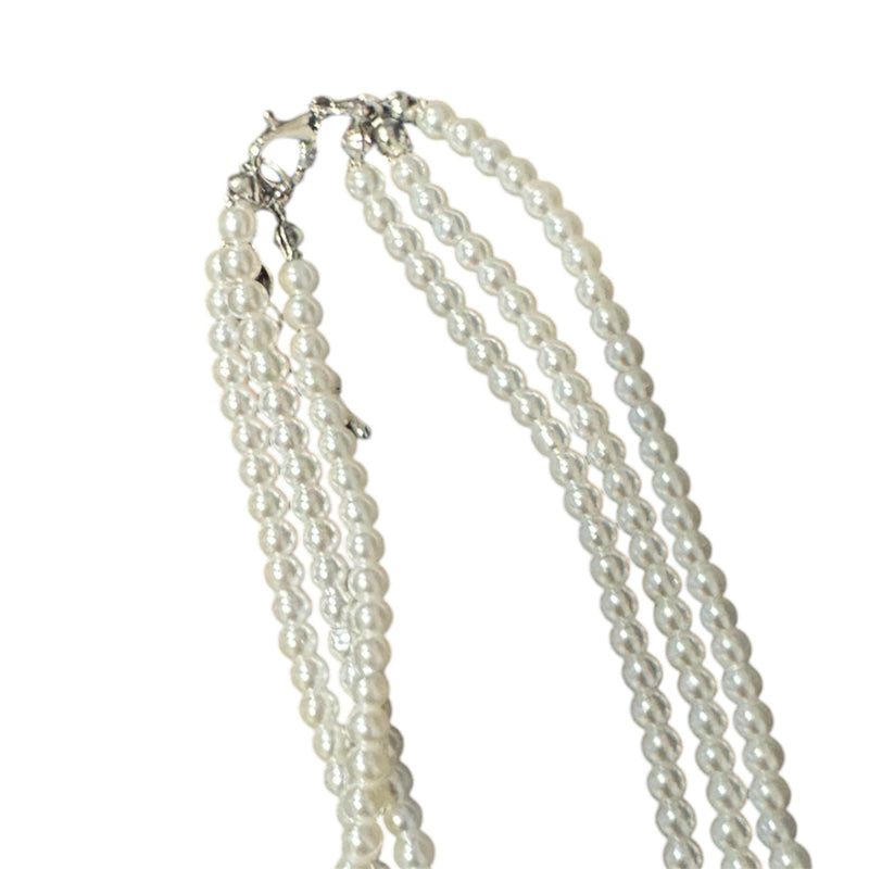 0009 3 Strand Beaded Necklace Two Tone, Clear & Pearl