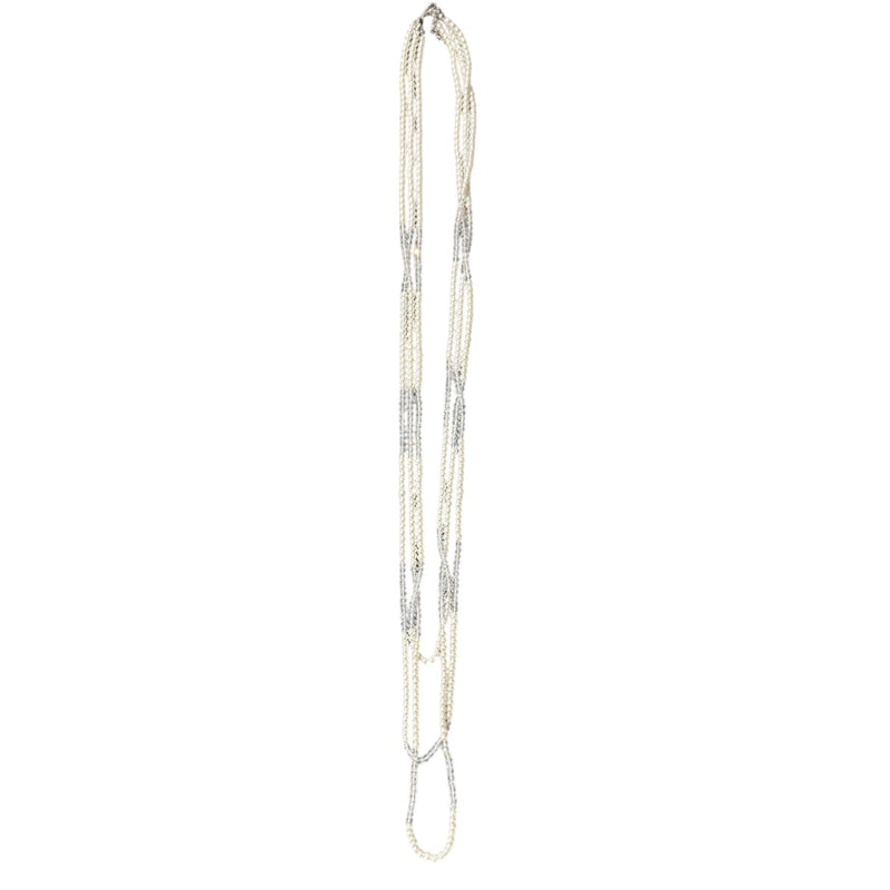 0009 3 Strand Beaded Necklace Two Tone, Clear & Pearl