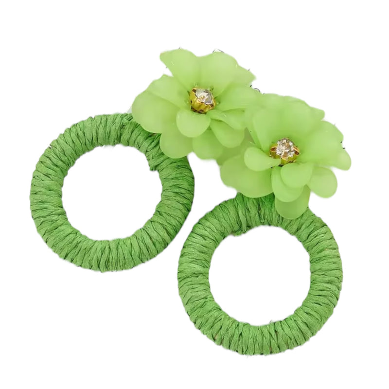 #1 Raffy Green Raffia Statement Earrings with Flowers *END-NOV*