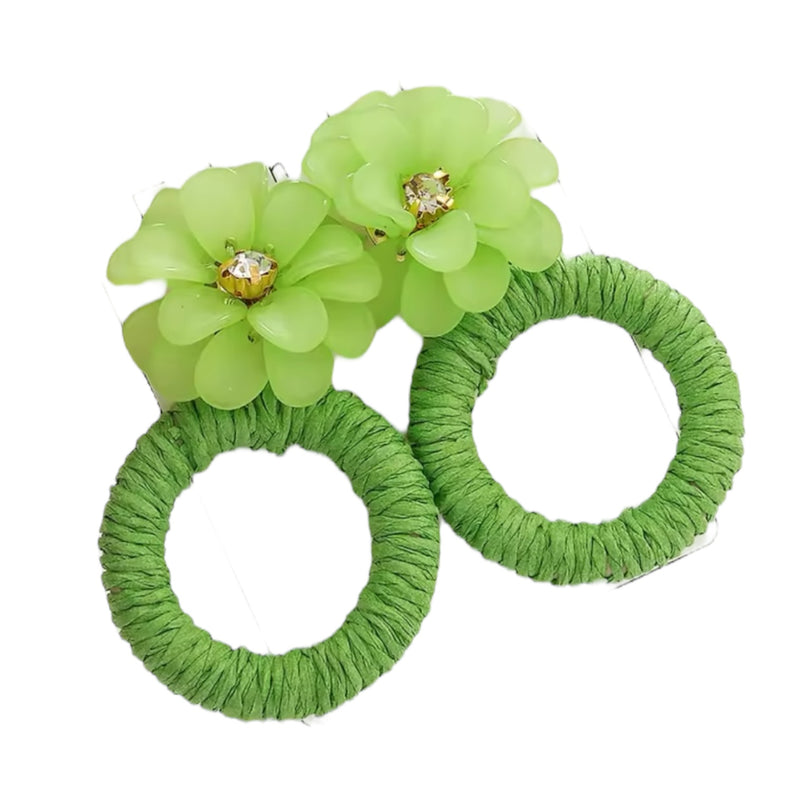 #1 Raffy Green Raffia Statement Earrings with Flowers *END-NOV*