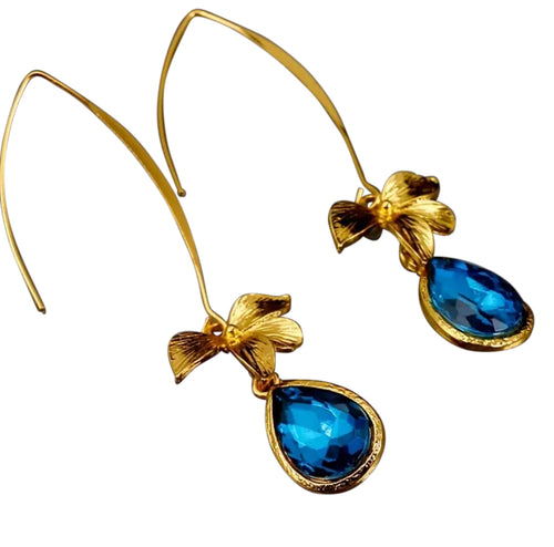 Nala Gold Drop Earrings with Blue Stone