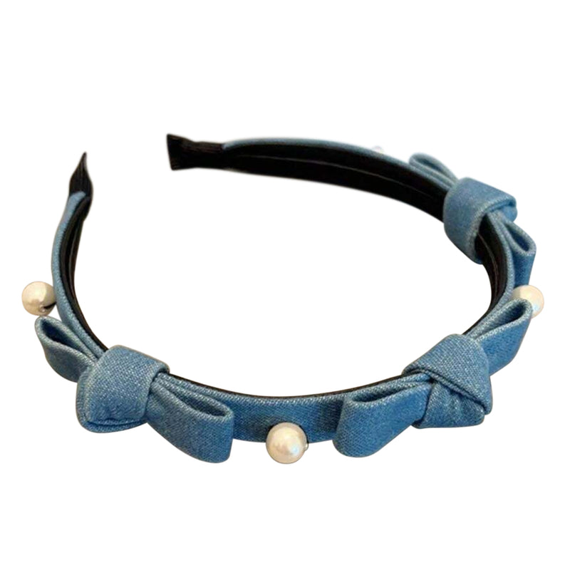 Sarah Thin Denim Bow Headband with Pearls, Light