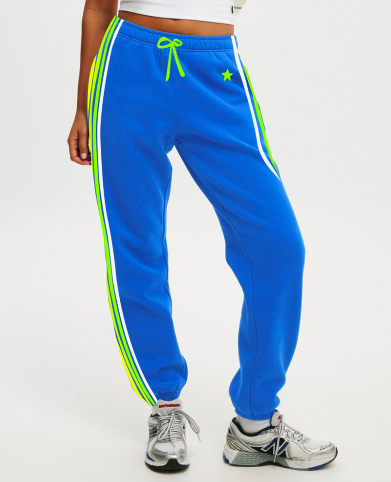 ELASTIC CUFF TRACK-PANTS, Blue with White/Green/Yellow Stripe
