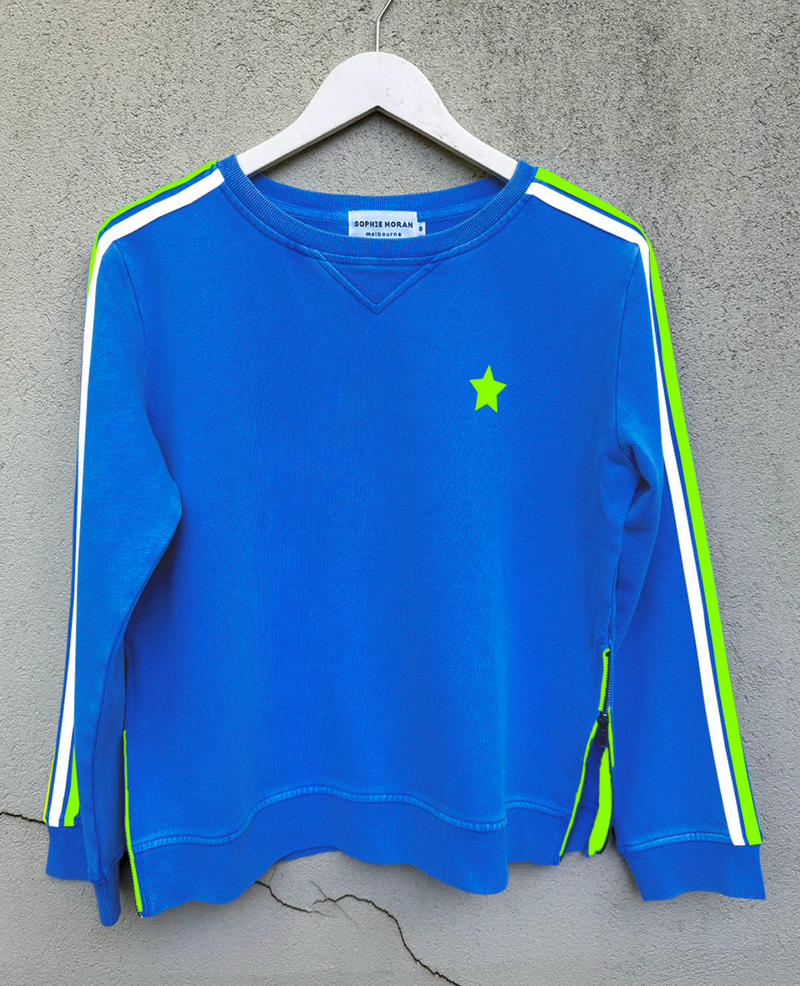 SWEATSHIRT, Blue with White/Green/Yellow Stripe