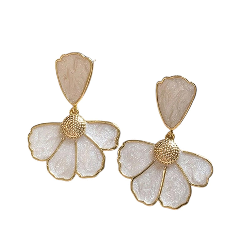 Greta Double Flower Drop Earrings, White