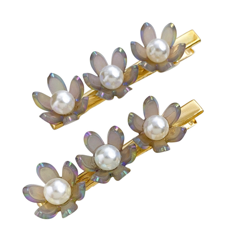 Clover Flower Pearl Hair Clip Set, Grey